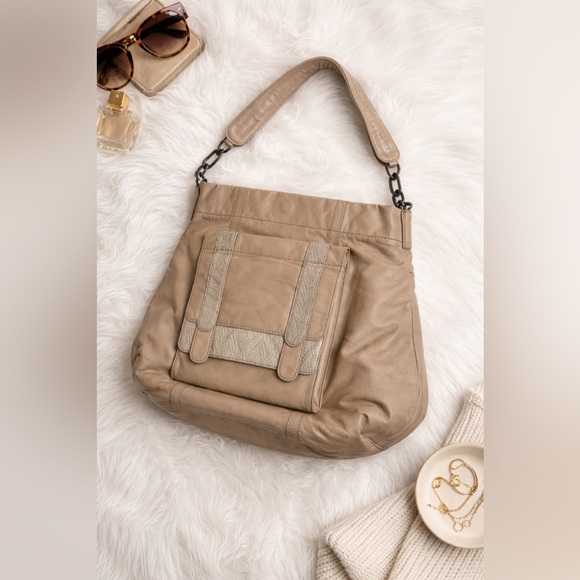 Sunnylife Handbags - SUNNYLIFE Taupe Leather Hobo‎ Shoulder Bag with Woven Details